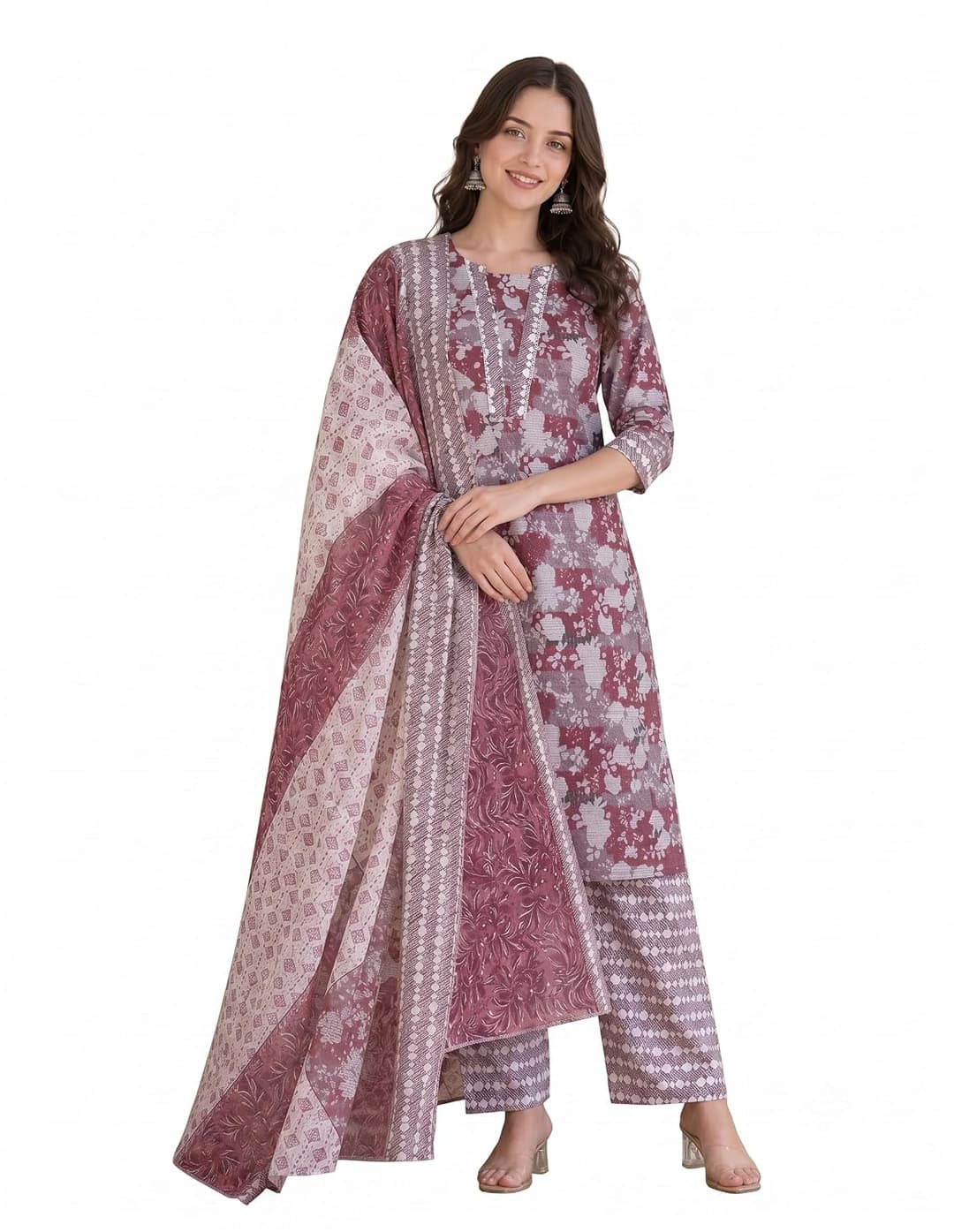 Women's Pink Rayon Printed Anarkali Kurti and Dupatta Set (Angrakha Style)